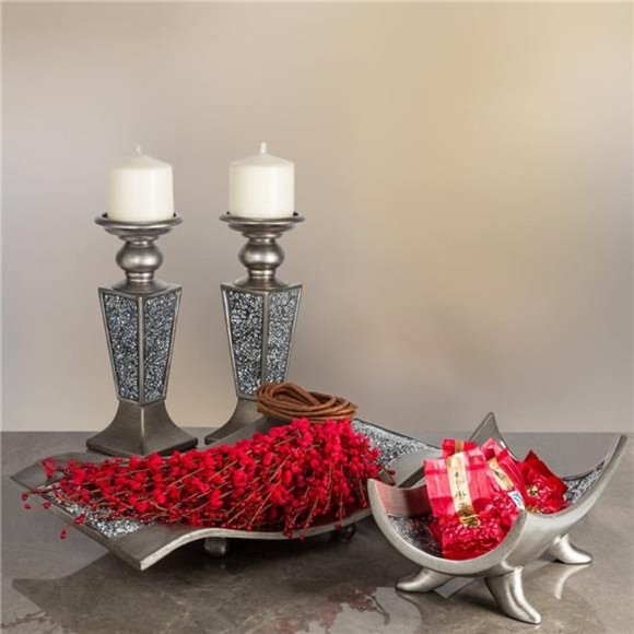 Schonwerk Pillar Candle Holder Set of 2-Crackled Mosaic Design-Home Coffee Table - Picture 3 of 7